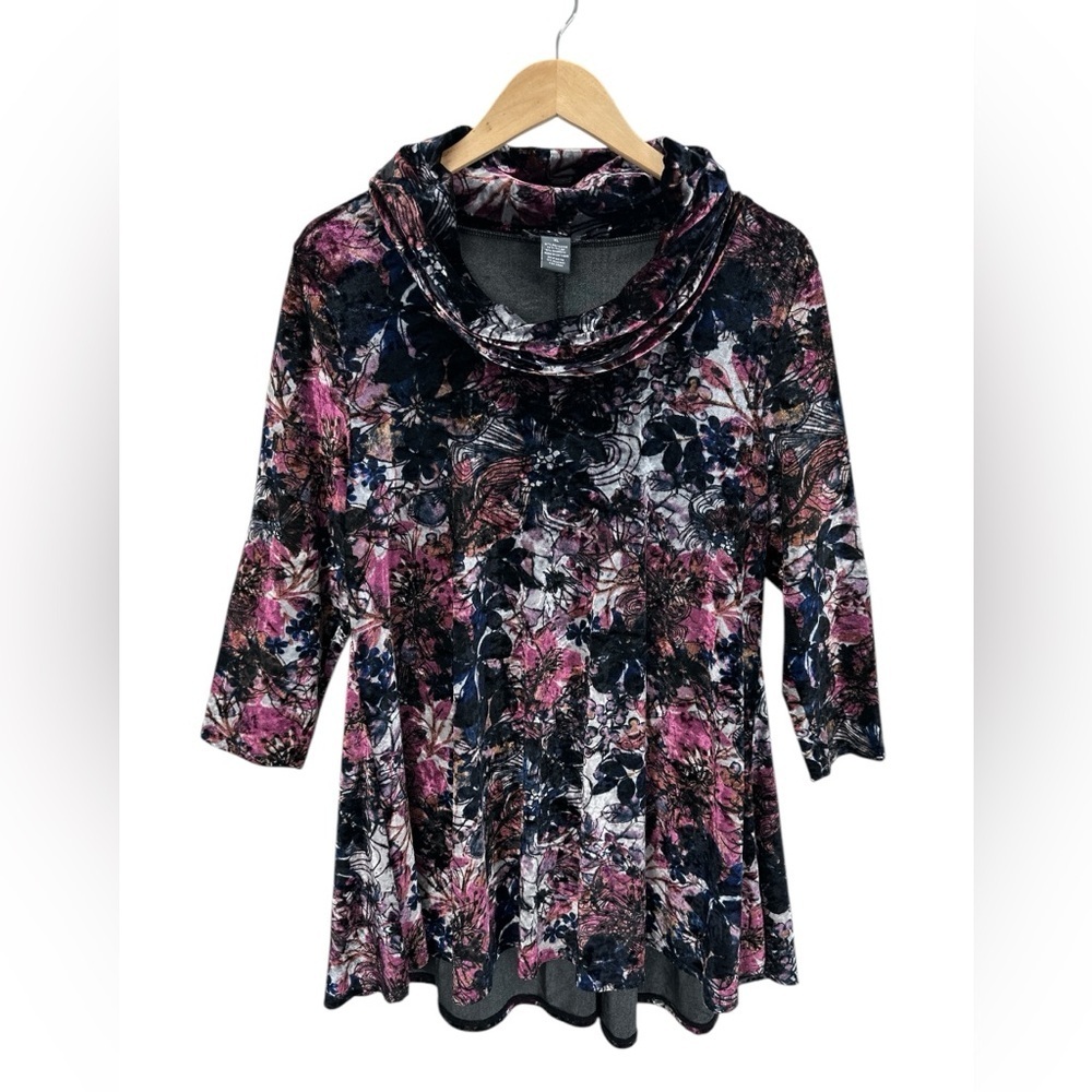 Chelsea & Theodore Dark Abstract Floral Velvet Cowl Neck Tunic